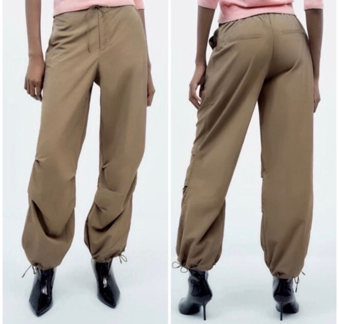 Zara Khaki Tan Parachute Pants Small Casual Slouchy Relaxed Fit Blogger Fave